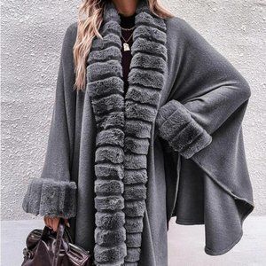 gray fuzzy trim batwing sleeve cardigan chic elegant contemporary